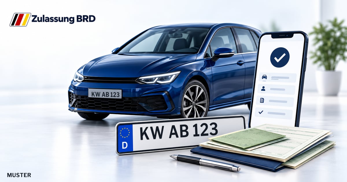 Online Fahrzeugzulassung in Königs Wusterhausen: Musterkennzeichen KW AB 123, Auto und Fahrzeugpapiere und Smartphone. Illustration mit Logo von Zulassung BRD.
